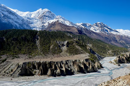A view over the Marshyangdi River that broke its banks and created all the destruction.        28°40'14